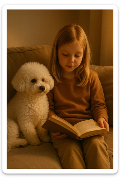 girl with blond hair reading with a bichon dog, sitting on a couch sticker
