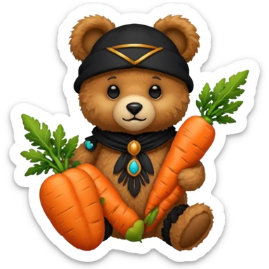 teddy bear, wearing black mayan ancient custome, with carrot sticker