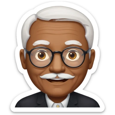 an elderly man with medium-dark skin tone, bald on top with short white hair at the sides, thick white eyebrows, large brown eyes, and wears black-framed glasses.
A small white beard sticker