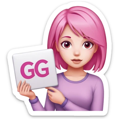 girl with pink hair, big sign, sign says "GG" sticker