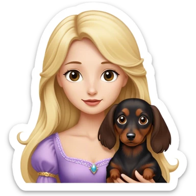 Blonde princess holding a Long haired black and brown dachshund  sticker