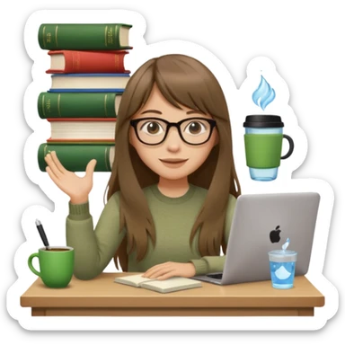 a designer with light skin long brown hair bangs waving, stack of books, coffee cup on top, water bottle, computer, matcha  sticker