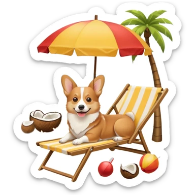 a corgi dog laied on a beach chair, a sunny beach, a sun umbrella, and beach coconut trees. the icon should capture the essence of a relaxing beach vacation with a carefree atmosphere sticker