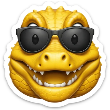 Cocodrilo feliz con boca cerrada mirando de frente que tengan lentes negros y sea color amarillo con fondo blanco sticker