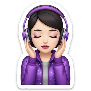 Girl with dark hair, wearing a jacket, has glitter on her eyelids, and wearing mauve lipstick, wearing headphones, her hands are on her ears, and her eyes are close sticker