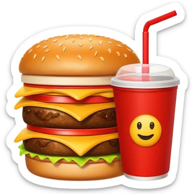 A clean and simple icon of fast food in emoji-style illustration. A burger with fries and a soda cup, bright and bold colors, simple shapes, flat design, high contrast, inviting and appetizing. sticker
