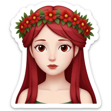 In Greek mythology, Persephone is often depicted as a young goddess with fair skin and dark red, straight hair. She is typically shown wearing a wreath of flowers sticker