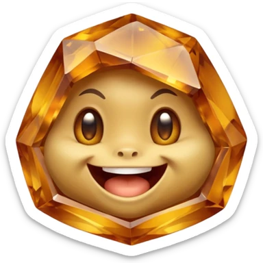 Single gemstone rock character, warm golden citrine, squat and heavy like a rock, with carved facets and tiny surface imperfections, cute round eyes and open smiling mouth, 3D game icon style, plain dark background, no other gems sticker