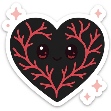 black gothic heart with glowing red veins, ornate, dark, elegant, kawaii style, with cute sparkles sticker