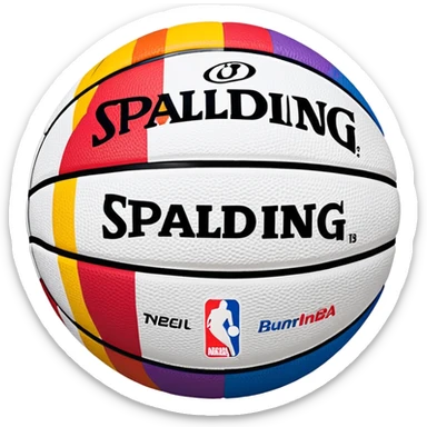 white Spalding basketball with NBA logo, featuring colorful lines on the surface sticker