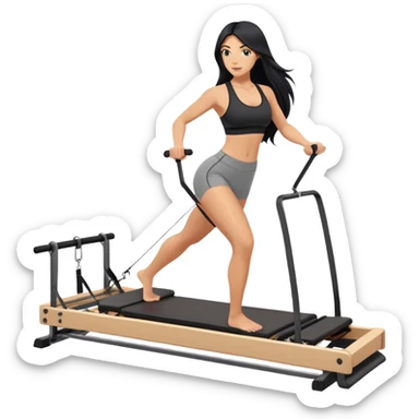 woman with tanned skin, long black hair, wearing a sports bra, doing exercise on a Pilates reformer machine sticker