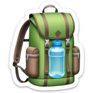 Icon for Ecotourism: a lightweight hiking backpack with a reusable water bottle, placed against a backdrop of lush green nature, with trees and a scenic trail. The icon should represent eco-friendly travel and the beauty of the outdoors. Transparent background. sticker