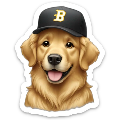 smiling golden retriever with plain black baseball cap sticker