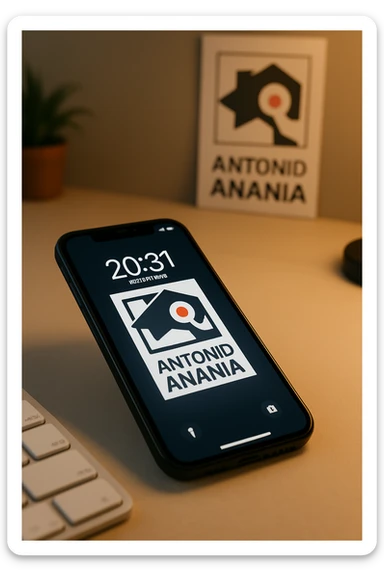 A photo of an iPhone on the desk with the message "Antonio Anania" on its screen, The phone sits atop a desk with a blurred background that suggests work environment. A faint glow from above casts gentle shadows across the surface of each object, creating depth and highlighting their textures sticker