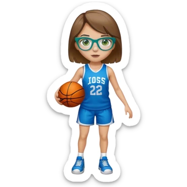 Full Body Girl with basketball short brown hair with blond highlights wearing blue glasses with green eyes sticker