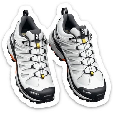 Pair of white Salomon XT-6 Gore-Tex shoes arranged with one slightly behind the other, iOS emoji style with simplified details, technical white hiking shoes with characteristic Quicklace system sticker