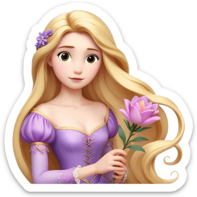 Cinematic Realistic Rapunzel Portrait, with porcelain-like skin featuring a subtle, natural glow, illuminated by soft lighting that brings out the gentle contours of her face. Her long, golden blonde hair cascades in detailed waves, each strand highlighted with a radiant shimmer as it catches the light. She playfully holds a flower in one hand, her other hand resting casually in her lap, with a warm and spirited expression. Her bright, expressive green eyes exude curiosity and warmth, framed by delicate lashes and soft, arched brows. She is dressed in her classic lavender and pink gown, the fabric textured with delicate folds that flow naturally, catching the light with a soft, radiant glow. The portrait captures a luminous, enchanting aura, seamlessly blending realism with a whimsical, fairytale charm, evoking a timeless sense of beauty and magic. sticker