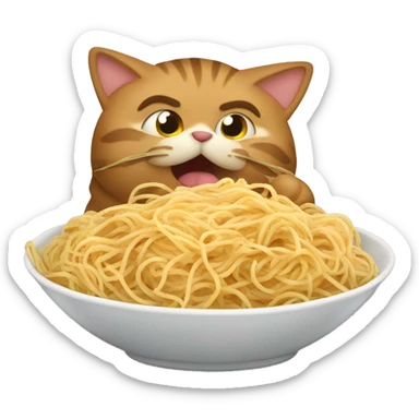 Fluffy tabby brown fat cat eating spaghetti  sticker