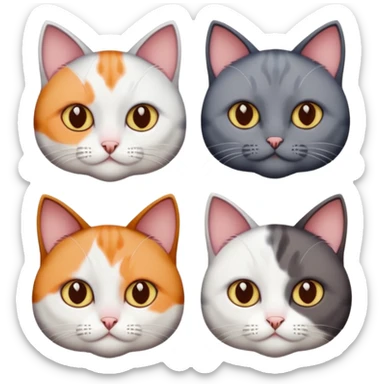 4 different coloured short haired cats including; a dark brown and white cat, and a dark grey and white, and a calico sticker