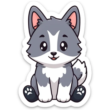 Grey kitten with a white face and paws, sitting atop a border collie sticker