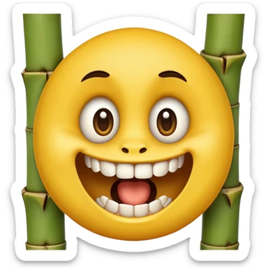 classic yellow emoji face with large eyes biting firmly on bamboo muzzle, teeth visible sticker