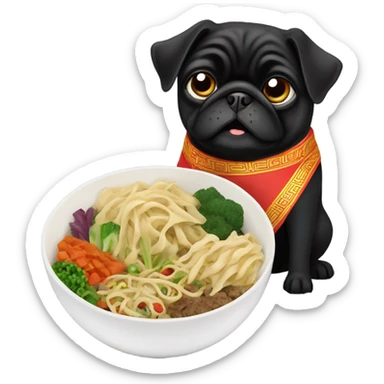 Black pug eating Chinese food sticker