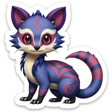 Rare warm-colored exotic gloomy tropical edgy cute epic aesthetic spooky indigo purple white black red gothic colorful Salandit-Furret-Espurr-Meowstic-Civet-species-Fakemon-hybrid-creature, with tribal tattoo markings, full body sticker