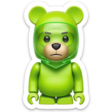 classic bearbrick toy figure with cubic head, wearing a lime green balaclava with clear aggressive eyebrows, blocky bear design not monkey sticker