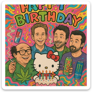 over-the-top birthday card featuring Hello Kitty, Sunny in Philadelphia characters, energy drinks, cigarettes, marijuana, wild colors and patterns sticker