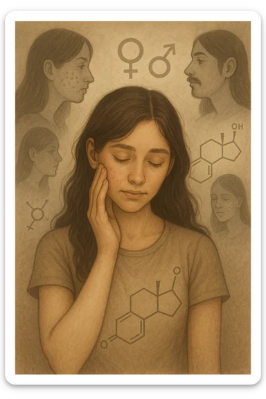 A young woman is surrounded by faint overlays of hormonal symbols and androgen molecules, with shadowy images of acne, facial hair, and oily skin projected around her, symbolizing the symptoms of PCOS with androgen excess. She looks down, gently touching her face with a resigned but hopeful expression, symbolizing her journey toward managing these symptoms. sticker
