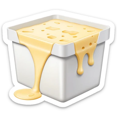 white cheese melting and overflowing from a white rectangle box, inspired by Président and Hochland packaging sticker