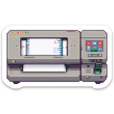 pixel art style animated document being fed into a flatbed scanner sticker