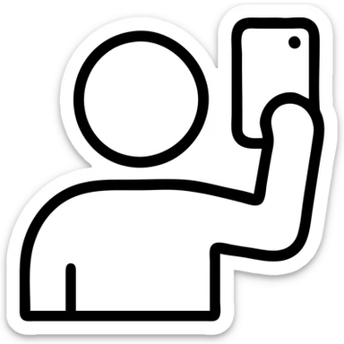 minimalist and bold selfie icon with clean black outlines and no fill, showing a person holding a phone, modern icon style sticker