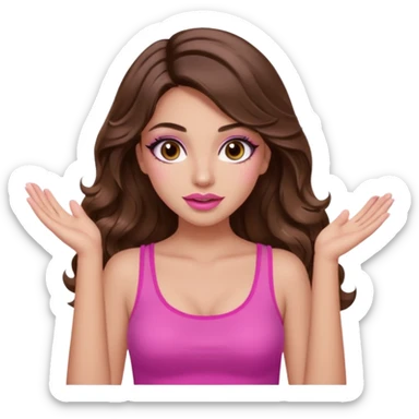 girl with long wavy brown hair, brown eyes, long lashes makeup, sexy pink lips, light to medium complexion, pink sexy top, two hand up shrugging sticker