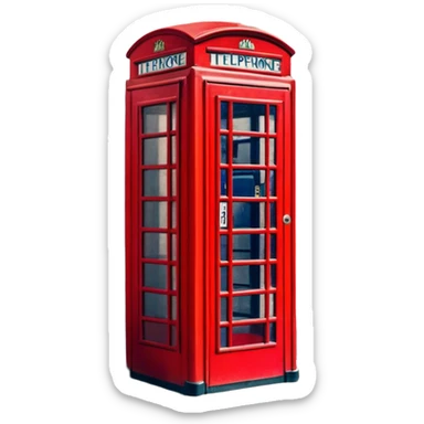Cinematic Realistic depiction of an iconic red telephone box, rendered in vivid, saturated colors with detailed textures and reflective surfaces, set on a classic English street under soft, diffused daylight sticker