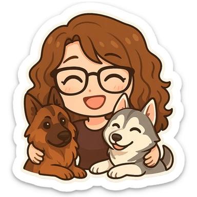 Create a chibi sticker emoji of a person with glasses and curly hair hugging two dogs, one German Shepherd and one Husky. The style should be cute and expressive, inspired by the provided reference images. Use a transparent background. sticker