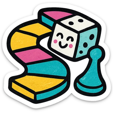 joyful fun board game icon featuring colorful squares, evoking classic board games, playful vibe sticker