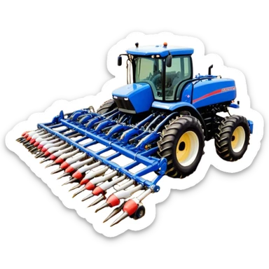 Bourgault 3420 Paralink Hoe Drill (2022) – Cinematic-realistic Bourgault 3420 Paralink Hoe Drill, its massive blue frame stretching across the vast fields. The powerful machine plants seeds with pinpoint accuracy as the sun rises over the horizon, golden dust swirling in the crisp morning air. sticker
