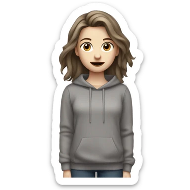 a girl wearing a grey sweatshirt, with brown long layered middle parted hair, hazel eyes, pale skin, dark lips, singing into a microphone sticker