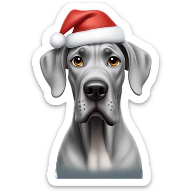 Grey Great Dane wearing a Christmas hat sticker