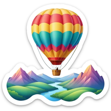 a clear sky and distant hills in the background with A colorful hot air balloon floating gracefully above the ground. The balloon's vibrant colors stand out against the soft clouds, capturing the peaceful yet adventurous spirit of hot air ballooning. sticker