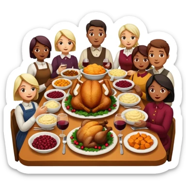 Thanksgiving Dinner with 10 people of different skin color around the table; have the food be a cooked turkey, mashed potatoes, corn, a basket of biscuits, a small bowl of cranberry sauce, baked yams, steamed vegetables, and a bottle of wine. sticker