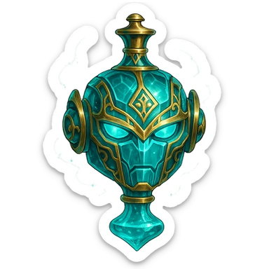 crystal luxurious elixir bottle in the shape of a robot head, cyan color, lots of glowing, edges, ornaments, golden details, magical effects, very small golden neck, transparent background, beautiful merging bottom, clearly floating in the air, no base or shadow, very luxurious, futuristic, matching the collection sticker