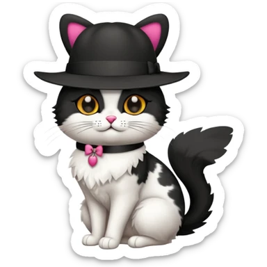 Chat blanc avec des tâches noir en costume, neud papillon et chapeau. sticker