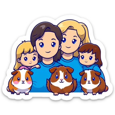 Family portrait with father with dark brown hair and blue eyes, mother with light brown hair and blue eyes, three blonde little girls with blue eyes, plus a grey cat and two guinea pigs sticker