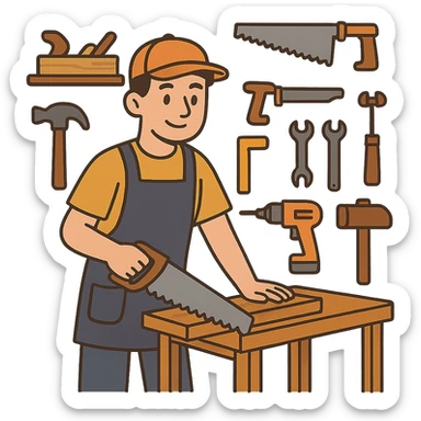 flat toon style carpintero en taller, rodeado de herramientas sticker