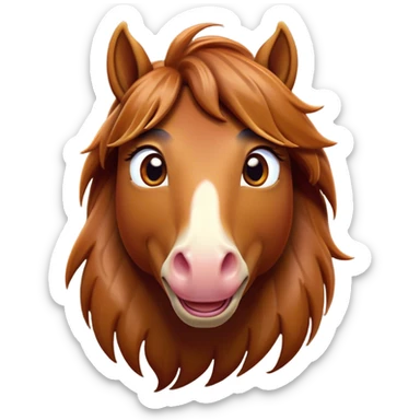 Cinematic Comical Chestnut Horse Portrait Emoji, Head tilted dramatically with an exaggeratedly amused expression, featuring a striking chestnut fur with a glossy finish and wide, expressive amber eyes filled with playful disbelief, Simplified yet hilariously expressive features, highly detailed, glowing with a slightly sassy glow, high shine, dramatic yet playful, stylized with an air of cheeky mischief, bright and endearing, soft glowing outline, capturing the essence of a spirited and over-the-top horse, so meme-worthy it feels like it could side-eye its way into internet fame instantly! sticker