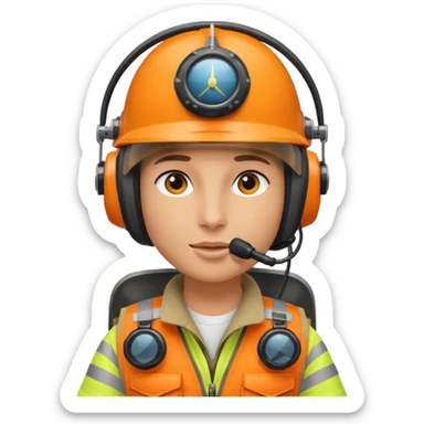 Helikopter-Flughelfer mit Oranger Weste und Helikopter Flug Helm auf dem Kopf inkl. am Helm integrierten Mikrofon vor dem Gesicht. sticker