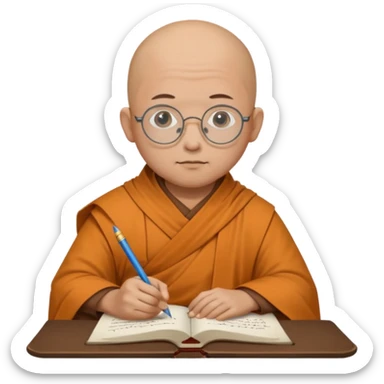 A bald scholar monk with round glasses, writing notes with quiet concentration.
 sticker