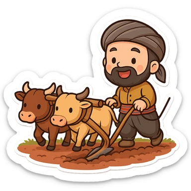 cartoon sticker of a traditional plowing scene with a Kurdish farmer using a traditional plow and two Kurdish oxen plowing agricultural land in Kurdistan, colorful and cheerful, no text, suitable for WhatsApp and Instagram, transparent background sticker